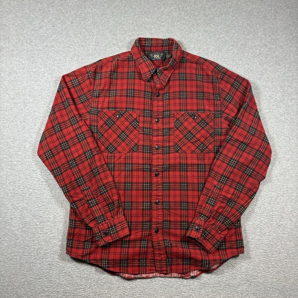 RRL Double RL Ralph Lauren Plaid Flannel Work Shirt Mens Medium Red Black Heavy